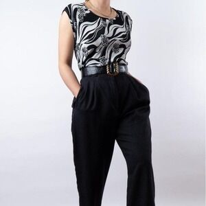 Womens L Graphic Crinkle Boxy Sleeveless Top VTG 90s E.K. Designs Black White